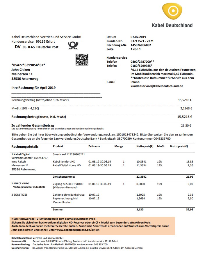 Germany TV Cabel utility bill